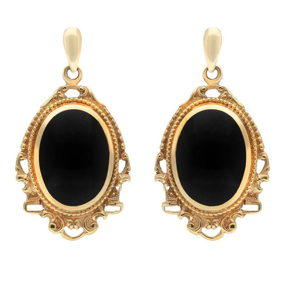 9ct Yellow Gold Whitby Jet Edwardian Style Oval Drop Earrings E076