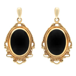 9ct Yellow Gold Whitby Jet Edwardian Style Oval Drop Earrings E076