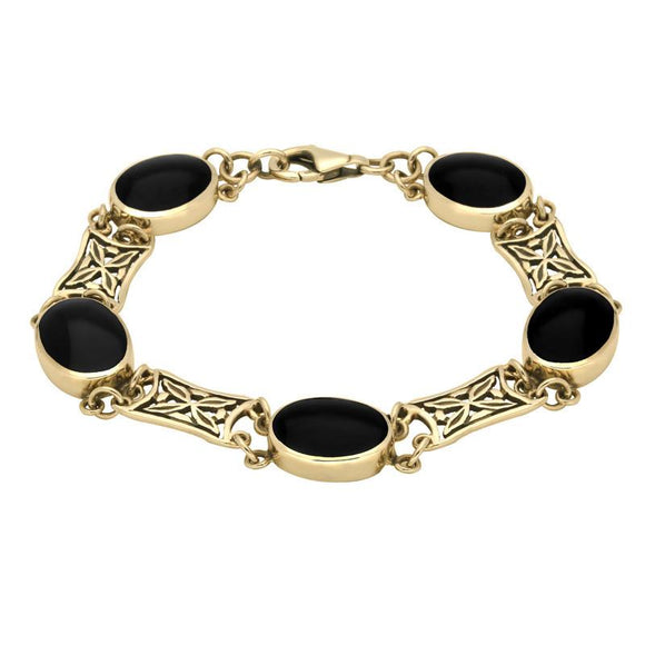 9ct Yellow Gold Whitby Jet Five Stone Pierced Oval Bracelet B024