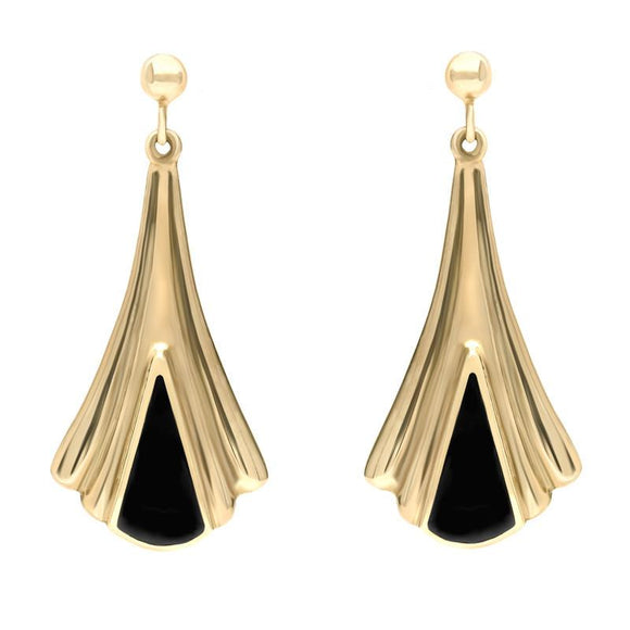 9ct Yellow Gold Whitby Jet Fleur Triangle Drop Earrings E064