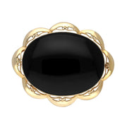 9ct Yellow Gold Whitby Jet Framed Frill Edge Oval Brooch. M016.
