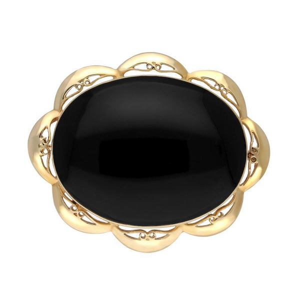 9ct Yellow Gold Whitby Jet Framed Frill Edge Oval Brooch. M016.
