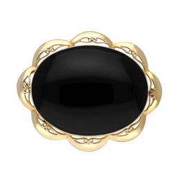 9ct Yellow Gold Whitby Jet Framed Frill Edge Oval Brooch. M016.