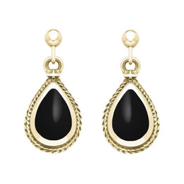 9ct Yellow Gold Whitby Jet Gold Pear Shaped Drop Earrings, E031.