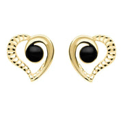 9ct Yellow Gold Whitby Jet Half Ridged Heart Stud Earrings. E1908. 