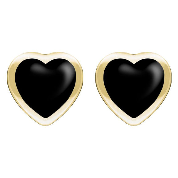 9ct Yellow Gold Whitby Jet Large Framed Heart Stud Earrings. E433.