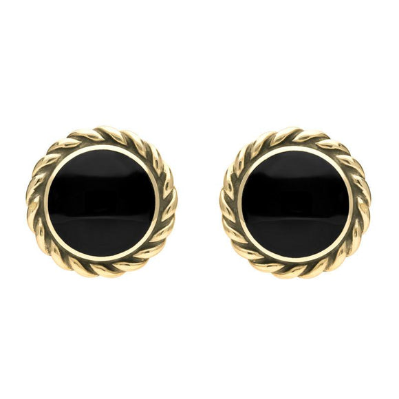 9ct Yellow Gold Whitby Jet Large Rope Edge Round Stud Earrings E115