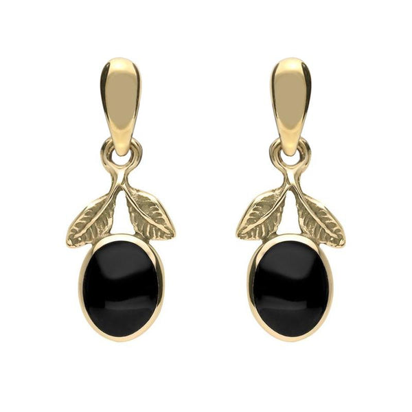 9ct Yellow Gold Whitby Jet Leaf Drop Earrings E025