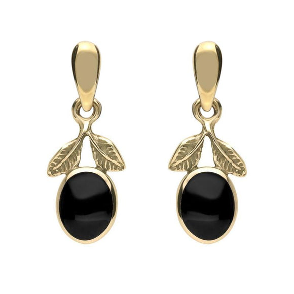 9ct Yellow Gold Whitby Jet Leaf Drop Earrings E025