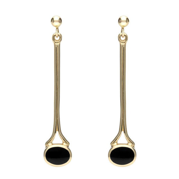9ct Yellow Gold Whitby Jet Long Drop Earrings E094