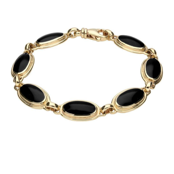 9ct Yellow Gold Whitby Jet Long Oval Ribbed Bracelet B229