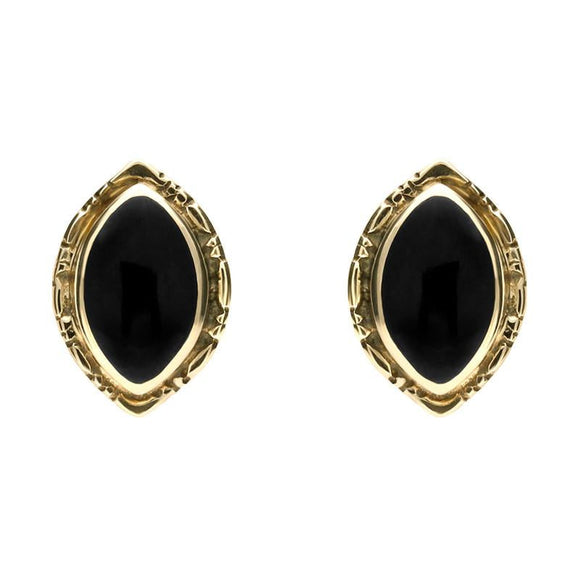 9ct Yellow Gold Whitby Jet Marquise Beaded Edge Stud Earrings. E136. 