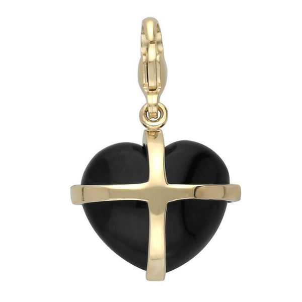 9ct Yellow Gold Whitby Jet Medium Cross Heart Charm G481