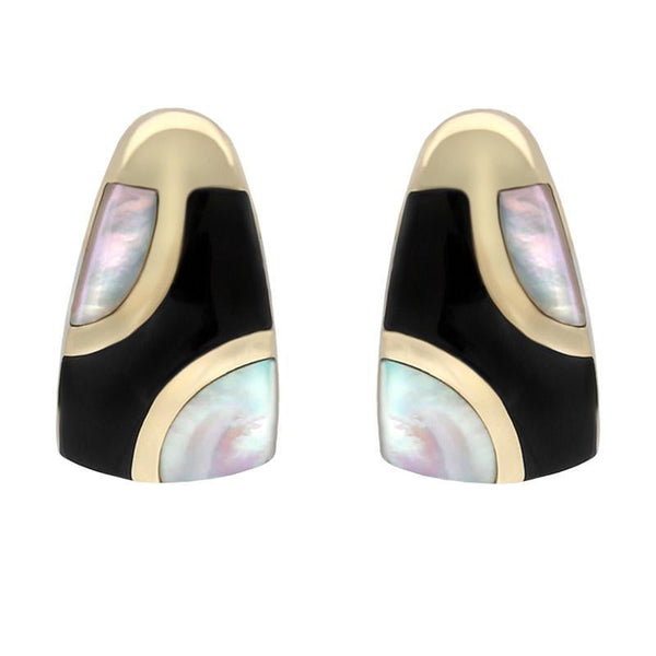 9ct Yellow Gold Whitby Jet Mother of Pearl Three Stone Stud Earrings E803