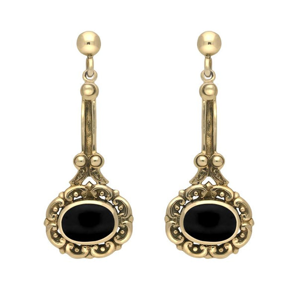9ct Yellow Gold Whitby Jet Ornate Antique Oval Drop Earrings. E053. 