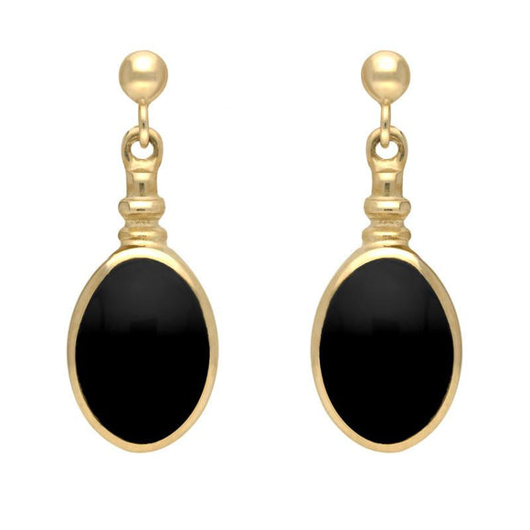 9ct Yellow Gold Whitby Jet Oval Bottletop Drop Earrings E056