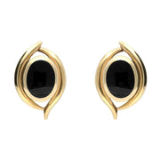 9ct Yellow Gold Whitby Jet Oval Double Fleur Stud Earrings. E300.
