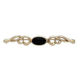 9ct Yellow Gold Whitby Jet Oval Scroll Brooch. M101.