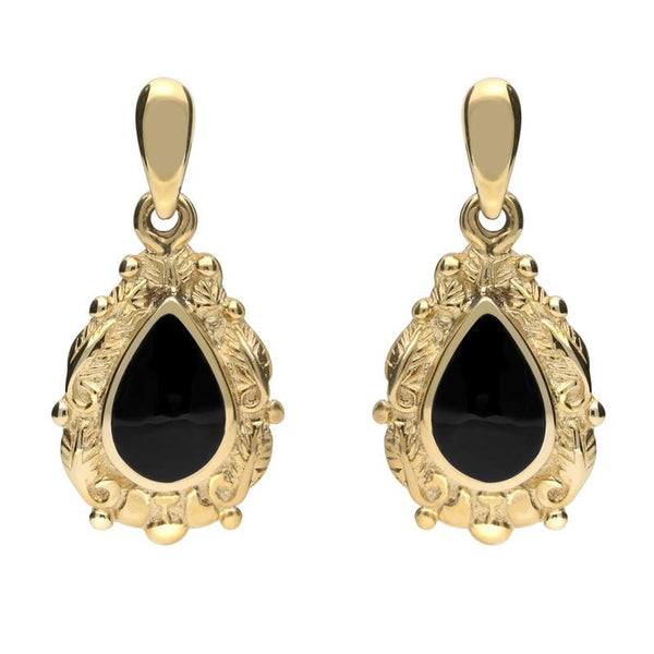 9ct Yellow Gold Whitby Jet Pear Shaped Leaf Drop Earrings E083