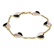 9ct Yellow Gold Whitby Jet Pink Mother of Pearl Split Heart Bracelet. B360.