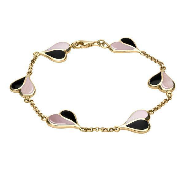 9ct Yellow Gold Whitby Jet Pink Mother of Pearl Split Heart Bracelet. B360.
