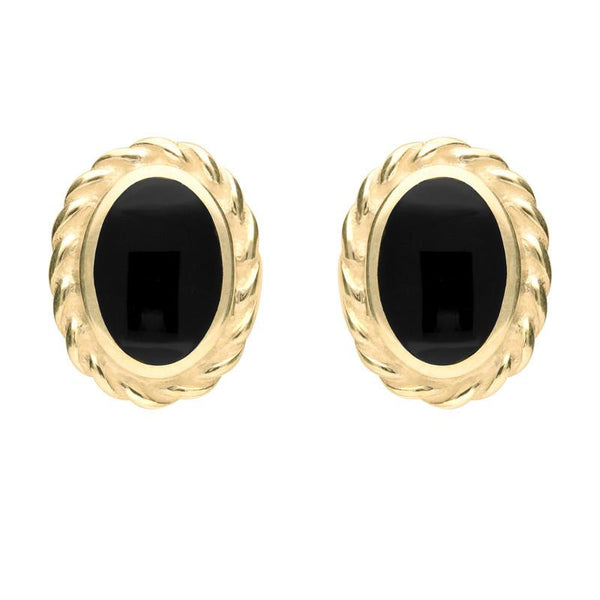 9ct Yellow Gold Whitby Jet Rope Edge Oval Stud Earrings E289