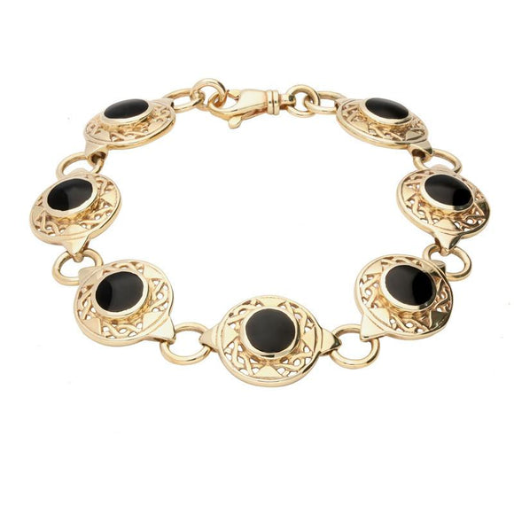 9ct Yellow Gold Whitby Jet Round Celtic Link Bracelet, B200.