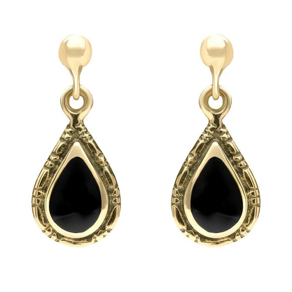 9ct Yellow Gold Whitby Jet Small Pear Drop Earrings E142