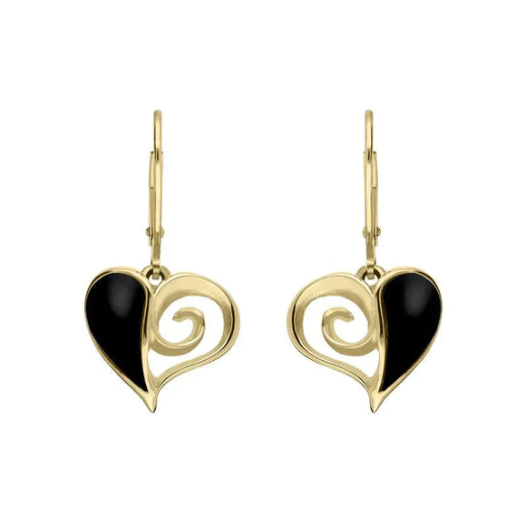 9ct Yellow Gold Whitby Jet Swirl Heart Hook Drop Earrings. E1872.