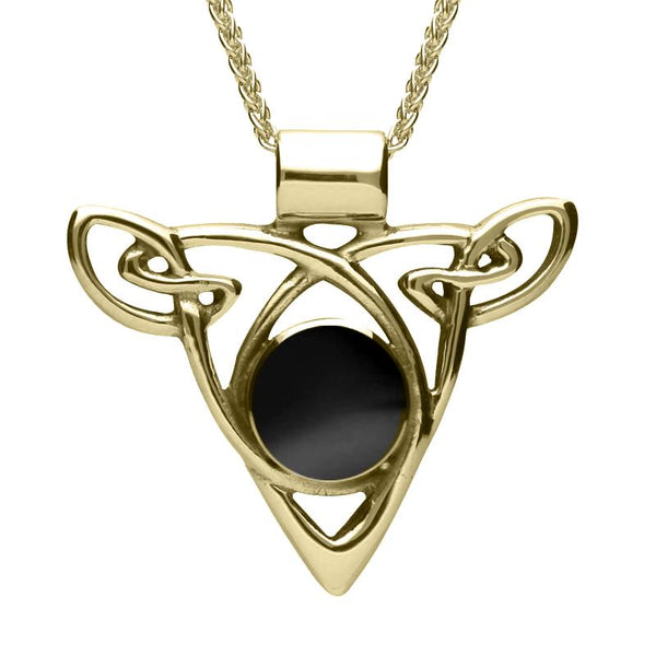 9ct Yellow Gold Whitby Jet Triangle Knot Celtic Necklace. P261.