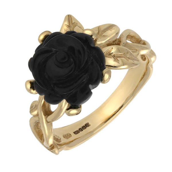 9ct Yellow Gold Whitby Jet Tuberose Rose Leaf Twist Ring, R728.