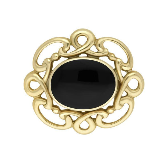 9ct Yellow Gold Whitby Jet Twisted Rope Edge Brooch M120