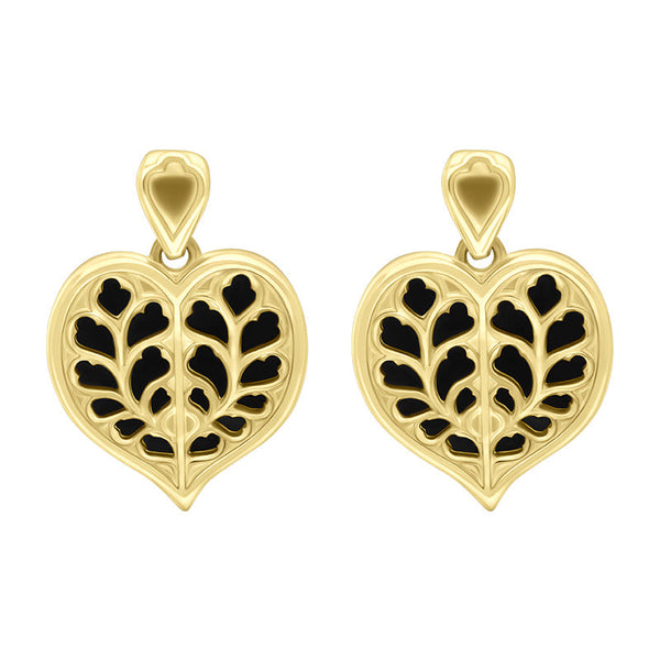 9ct Yellow Gold Whitby Jet York Minster Heart Stud Drop Earrings. E2386.