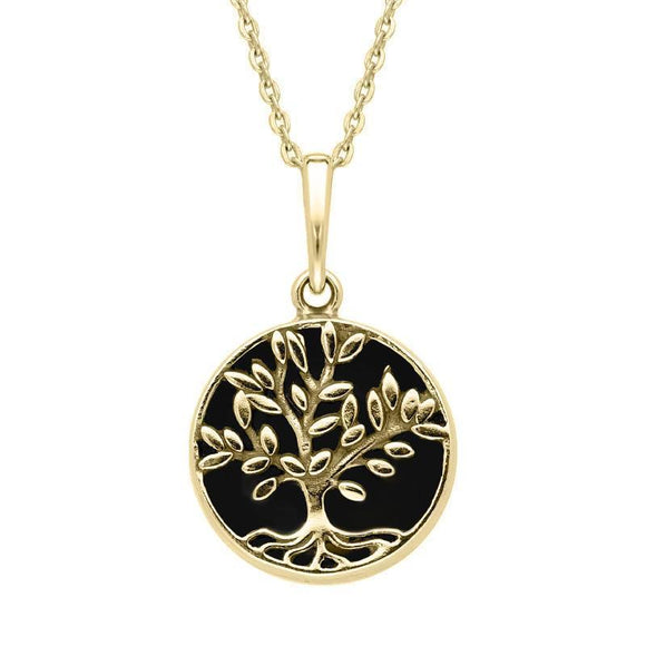 9ct Yellow Gold Whitby Jet Small Round Large Leaves Tree of Life Necklace P3340