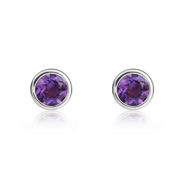 9ct White Gold Amethyst 4mm Round Rub Over Set Stud Earrings. 33-51-070.9ct White Gold Amethyst 4mm Round Rub Over Set Stud Earrings. 33-51-070.