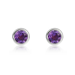 9ct White Gold Amethyst 4mm Round Rub Over Set Stud Earrings. 33-51-070.9ct White Gold Amethyst 4mm Round Rub Over Set Stud Earrings. 33-51-070.