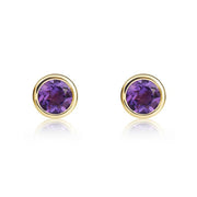 9ct Yellow Gold Amethyst 4mm Round Rub Over Set Stud Earrings, 33-51-028.