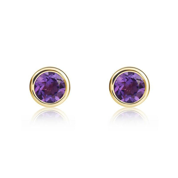9ct Yellow Gold Amethyst 4mm Round Rub Over Set Stud Earrings, 33-51-028.