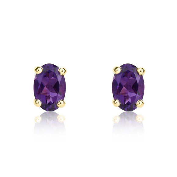 9ct Yellow Gold Amethyst 6x4mm Oval Claw Set Stud Earrings. 33-51-009.