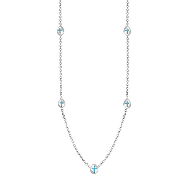 9ct White Gold Turquoise Cross Link Disc Chain Necklace, N748.