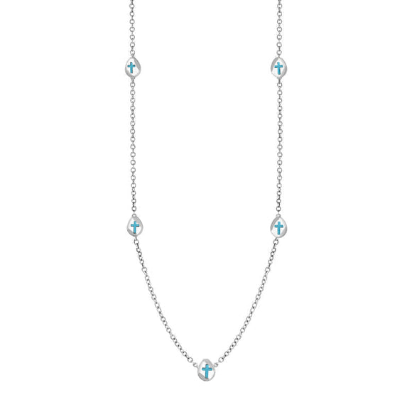 9ct White Gold Turquoise Cross Link Disc Chain Necklace, N748.