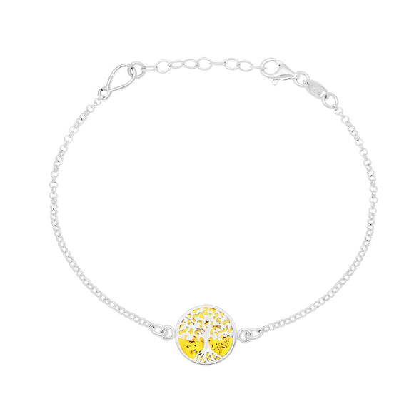 Sterling Silver Amber Round Tree of Life Chain Bracelet
