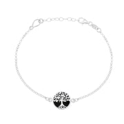 Sterling Silver Whitby Jet Round Tree of Life Chain Bracelet