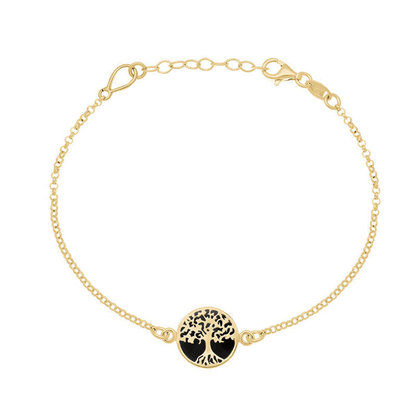 9ct Yellow Gold Whitby Jet Round Tree of Life Chain Bracelet