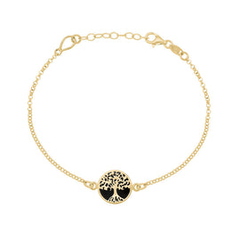 9ct Yellow Gold Whitby Jet Round Tree of Life Chain Bracelet