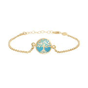 9ct Yellow Gold Turquoise Round Tree of Life Chain Bracelet