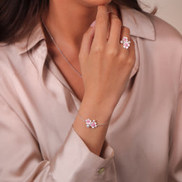 Sterling Silver Pearl & Pink Sapphire Double Cherry Blossom Flower Bracelet