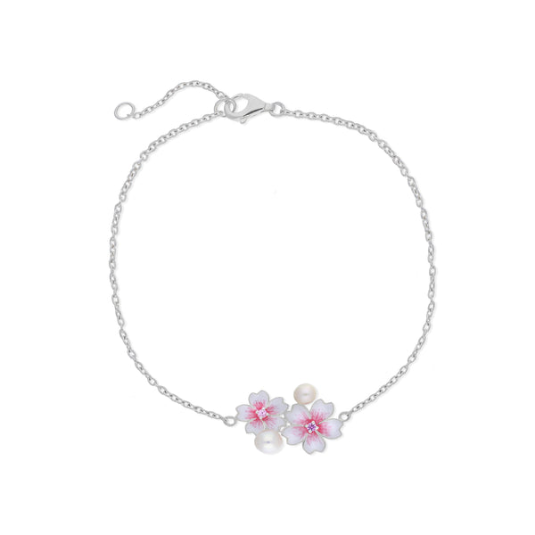 Sterling Silver Pearl & Pink Sapphire Double Cherry Blossom Flower Bracelet
