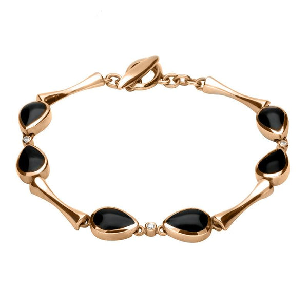 00082994 18ct Rose Gold Whitby Jet 0.09ct Diamond Six Stone Pear Bracelet, B530.