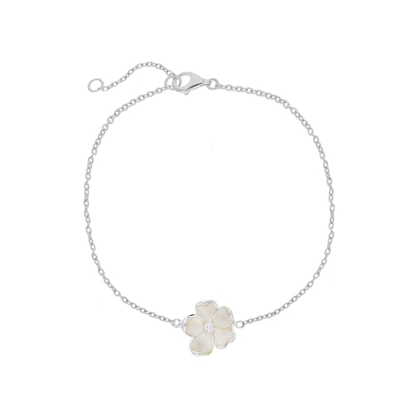 Sterling Silver White Enamel Diamond Flower Bracelet